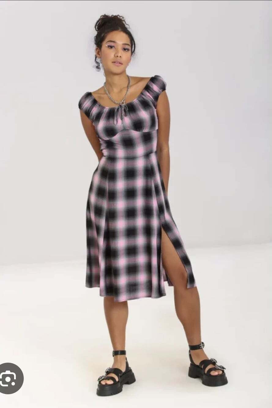 Hell Bunny Hayley Midi Dress M Pink Tartan Plaid Empire Waist Babydoll Milkmaid